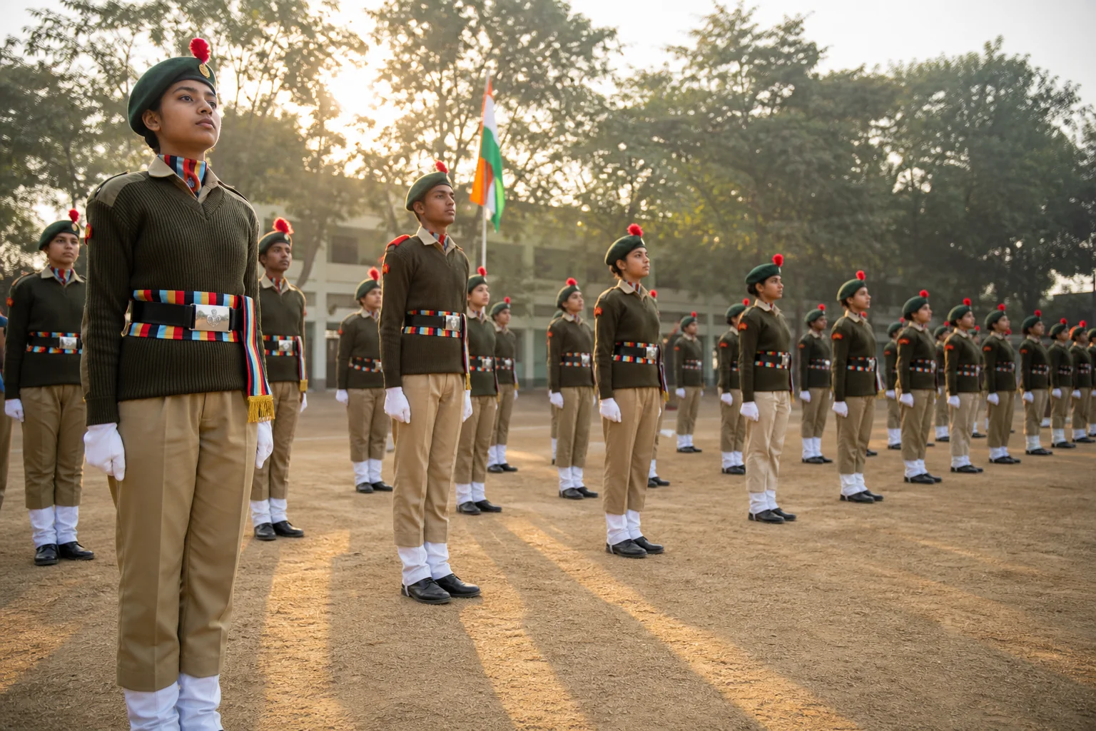 Students in military uniform standing in disciplined formation on a school parade ground in India