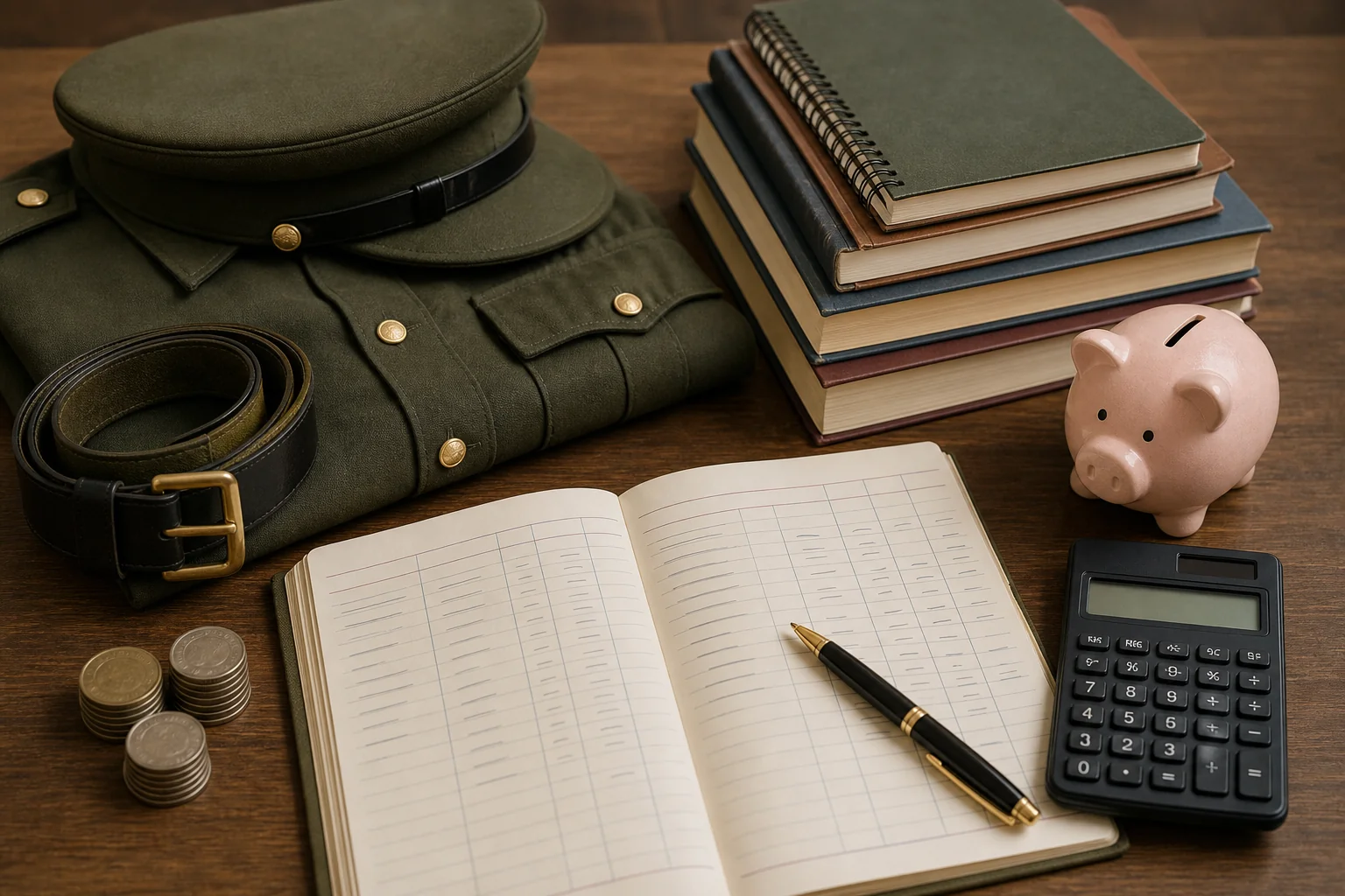 A neat flat-lay of a military school fee structure elements — uniform, notebooks, a piggy bank, and a calculator on a wooden desk, symbolizing cost planning for parents