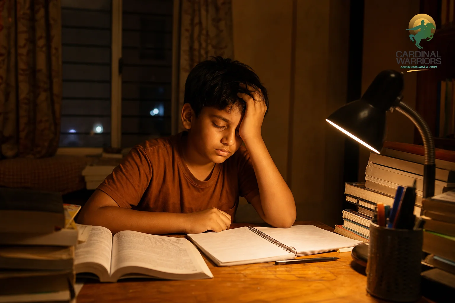 photorealistic: A warm, naturalistic photo of a school-age Indian boy in a home study room late in the evening, surrounded by textbooks and notebooks, looking tired under a single desk lamp, dim ambient lighting in amber and brown tones