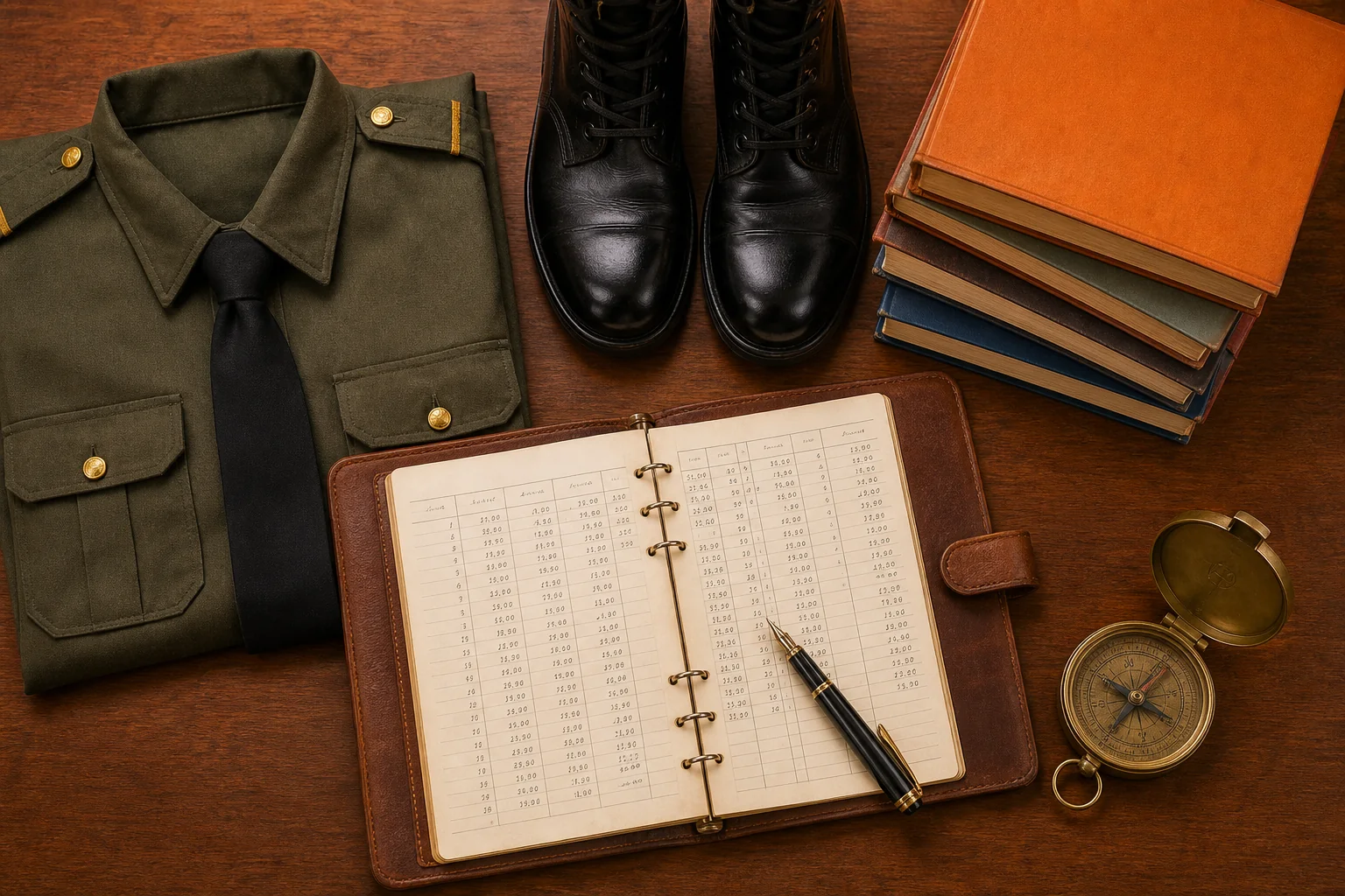 A neatly organized flat-lay of military school essentials representing fee categories: uniform, boots, notebooks, and a fee ledger. photorealistic flat-lay photograph on a wooden desk showing a folded olive-green cadet uniform, polished
