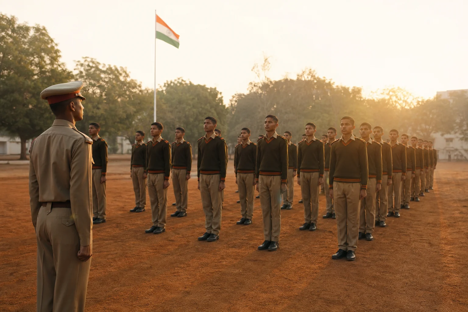 Cadets in disciplined formation during morning physical training at a military-integrated school campus in Chhattisgarh. photorealistic photo, early morning physical training session at an Indian military-style school campus, rows of