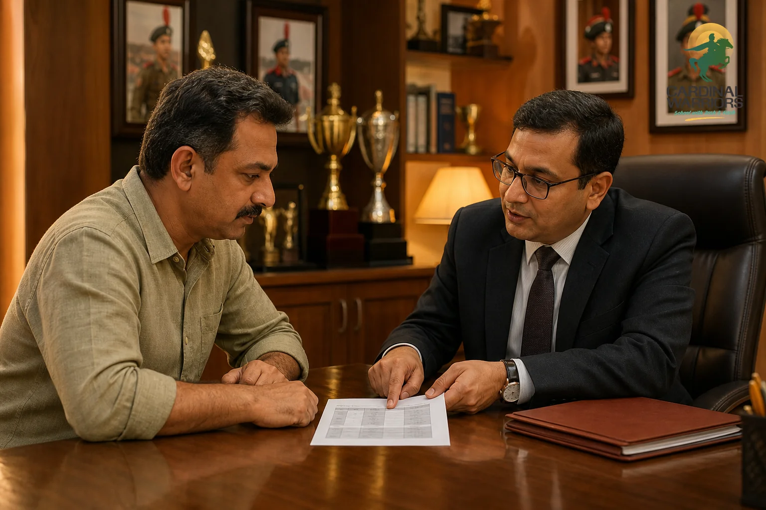 Parent and admissions counselor reviewing a fee structure sheet together at a school office desk. Photorealistic photo, natural lighting: an Indian father in his 40s sitting across a wooden desk from a school administrator inside a warm