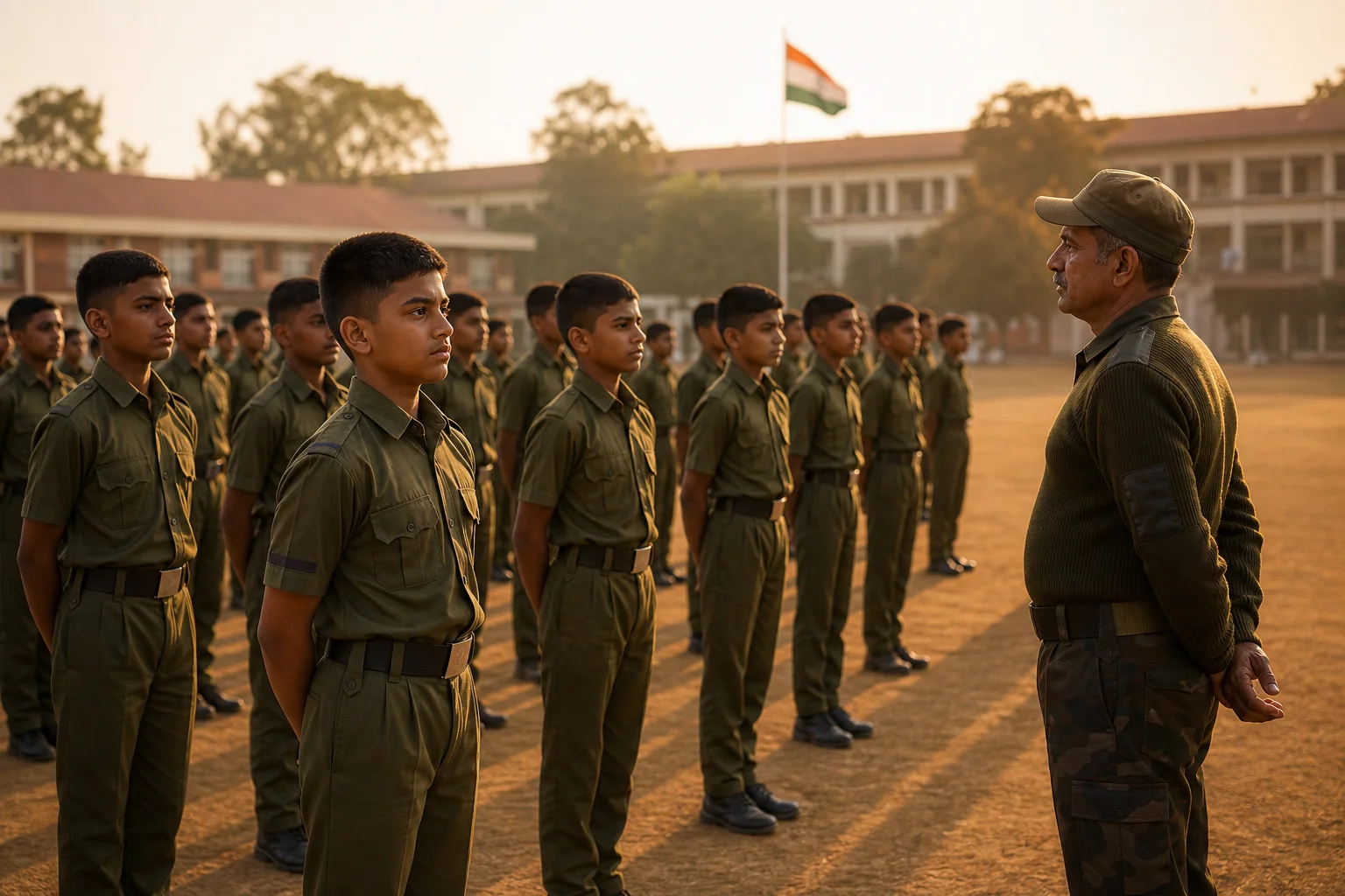 photorealistic photo of a group of Indian schoolboys aged 11-13 in olive-green cadet uniforms standing in disciplined formation on an open school parade ground at early morning golden light, a mentor in army-veteran instructor attire