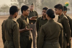Cadets practicing group discussion or leadership task outdoors, representing SSB-style GTO tasks at a military school. Photorealistic photo of a group of teenage students in olive-brown military school uniforms standing in a circle outdoors