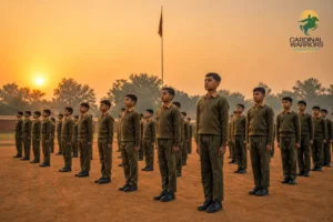 Photorealistic photo of a large group of school children in olive-toned military-style uniforms standing in disciplined straight rows outdoors on a school parade ground at sunrise, a flag mast in the background, warm golden morning light