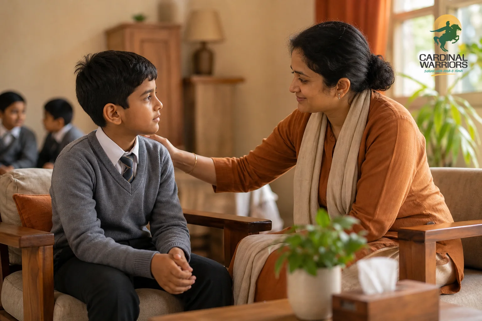 A caring teacher or counselor sitting with a young boarding student in a warm, supportive setting. Photorealistic photo of a warm, nurturing moment inside an Indian boarding school, a kind adult teacher or counselor sitting at eye level