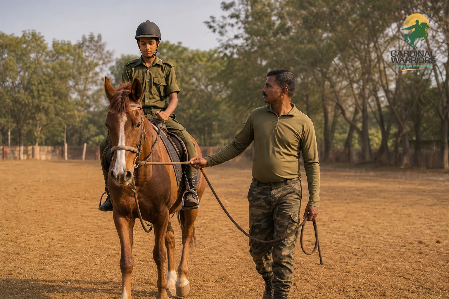 A young cadet in uniform learning horse riding on the school campus grounds, supervised by an instructor. Photorealistic photo of a young student in olive-green military school uniform learning horse riding in an open dusty arena on a rural