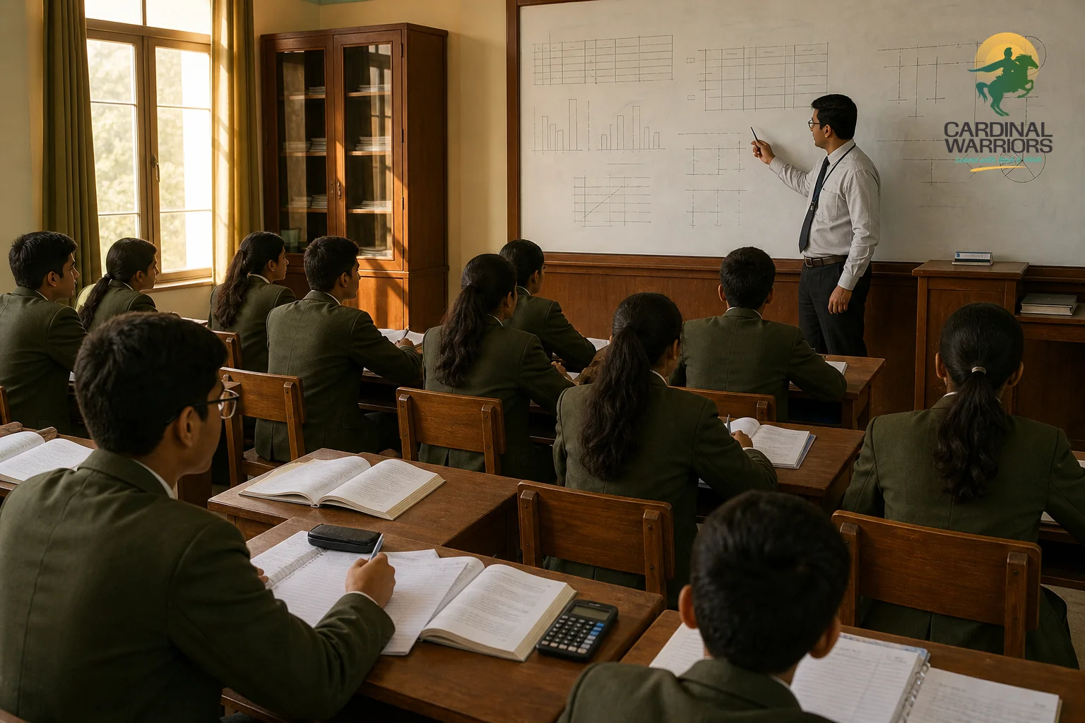 A focused coaching class with a teacher explaining business concepts on a board, students taking notes, mock test papers on desks. Photorealistic photo of an Indian coaching classroom inside a residential school, a male teacher in formal