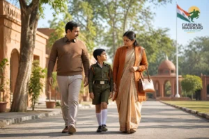 Photorealistic photo of an Indian father, mother and their young son walking together across a sunlit school campus pathway lined with trees, the boy wearing a crisp olive-toned cadet uniform, parents dressed in smart casual Indian attire