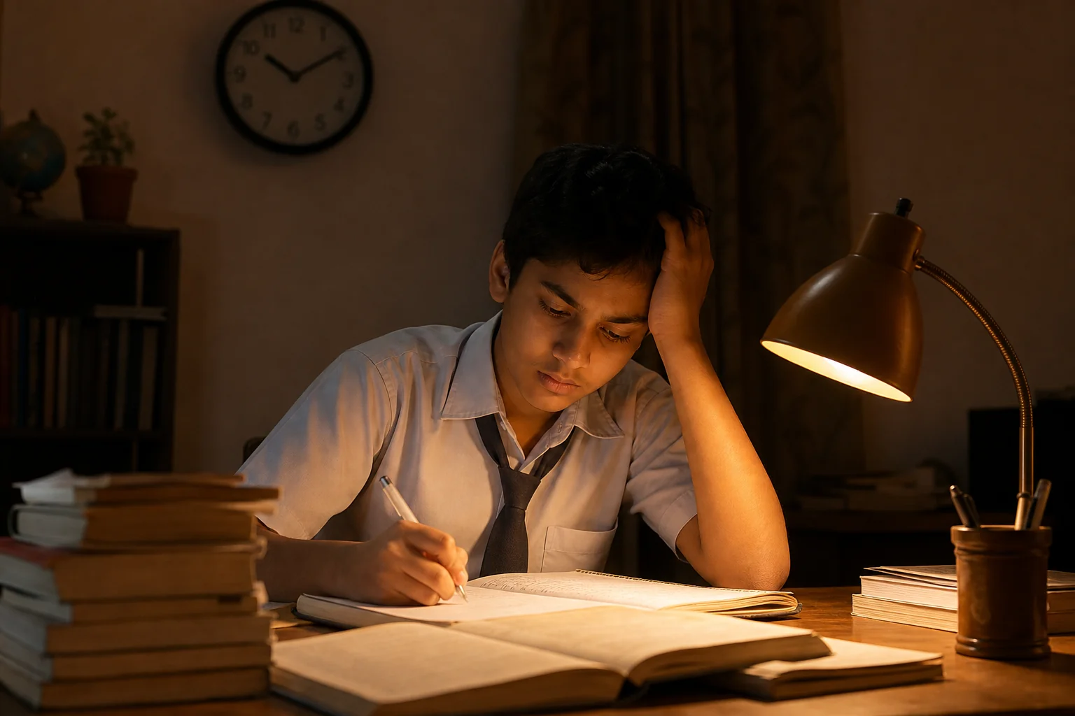 photorealistic photo of an Indian teenage student in school uniform sitting at a study desk late in the evening, surrounded by textbooks and notebooks, warm desk lamp lighting in tones of amber and brown (#b55711, #d9782c), tired but
