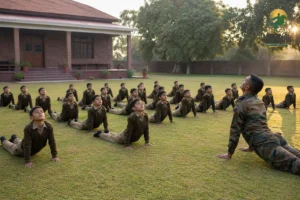 Young children in military school uniform doing morning PT/yoga on a school lawn with an instructor, representing early-age enrollment. Photorealistic photo of young children aged 6-9 in olive-toned school uniforms doing a simple morning