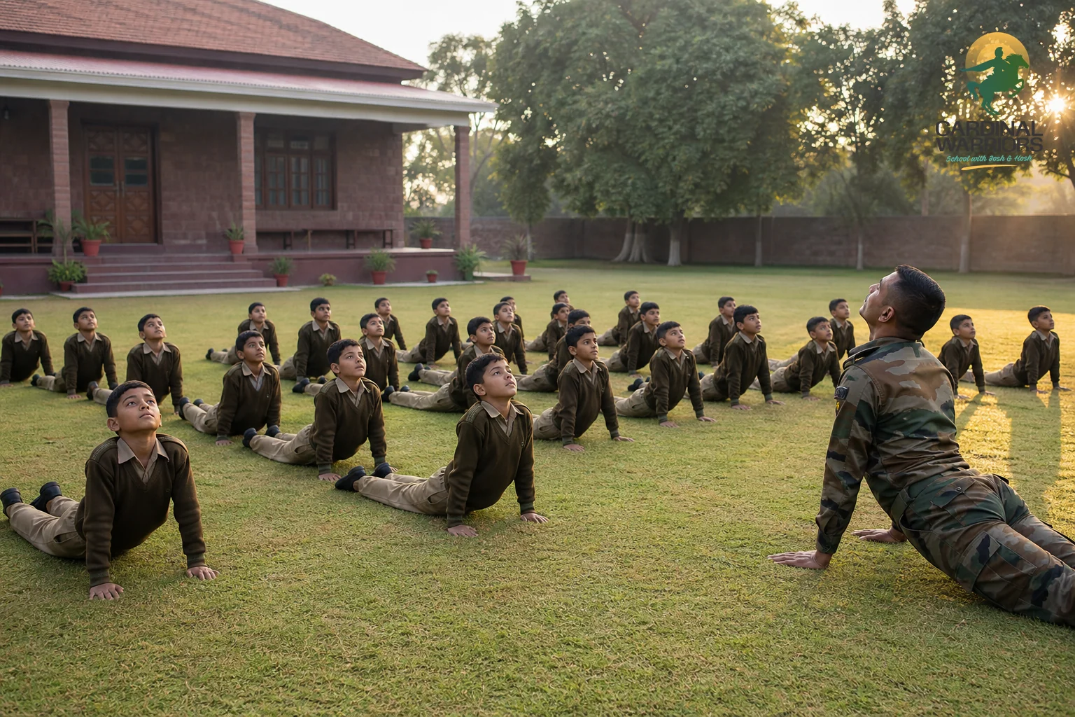 Young children in military school uniform doing morning PT/yoga on a school lawn with an instructor, representing early-age enrollment. Photorealistic photo of young children aged 6-9 in olive-toned school uniforms doing a simple morning