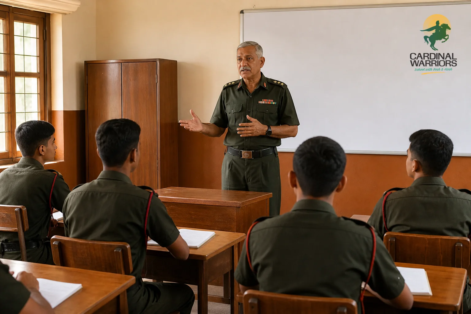 A retired military instructor in uniform reviewing credentials and teaching a small group of cadets, representing verified faculty quality. Photorealistic photograph: a senior retired Indian Army instructor in olive-green uniform standing
