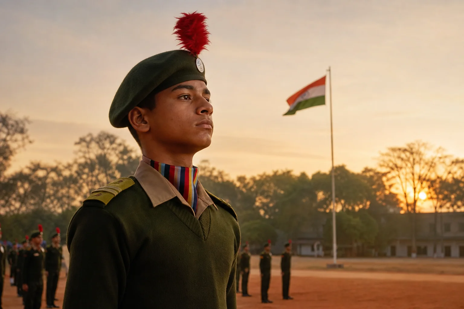 Hero image showing a determined young cadet in uniform standing at attention with the Indian flag and a rustic Chhattisgarh school campus in the background, symbolizing discipline and aspiration toward NDA
