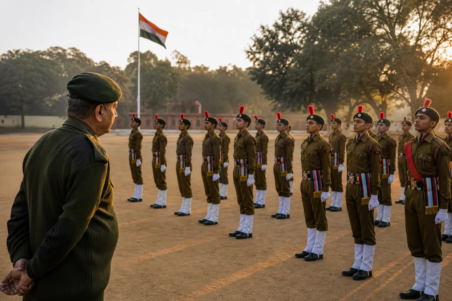 Cadets in military-style uniforms performing drill practice on a school parade ground in India, showing discipline and structure