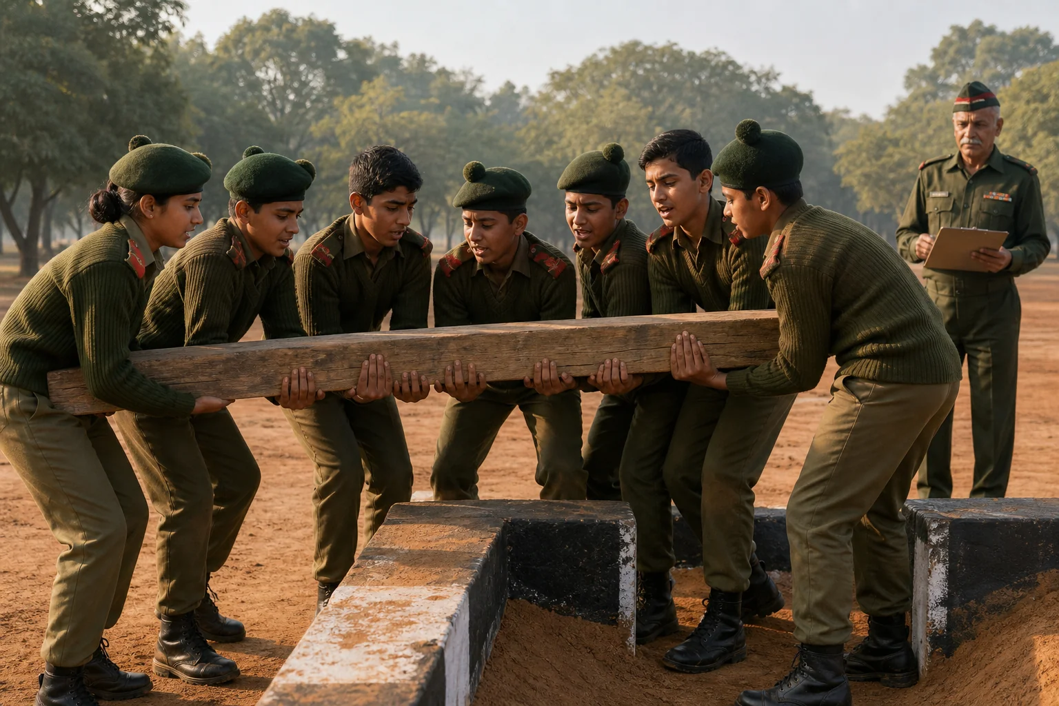 Students at a military school in group discussion or outdoor task setting, simulating SSB group testing officer tasks