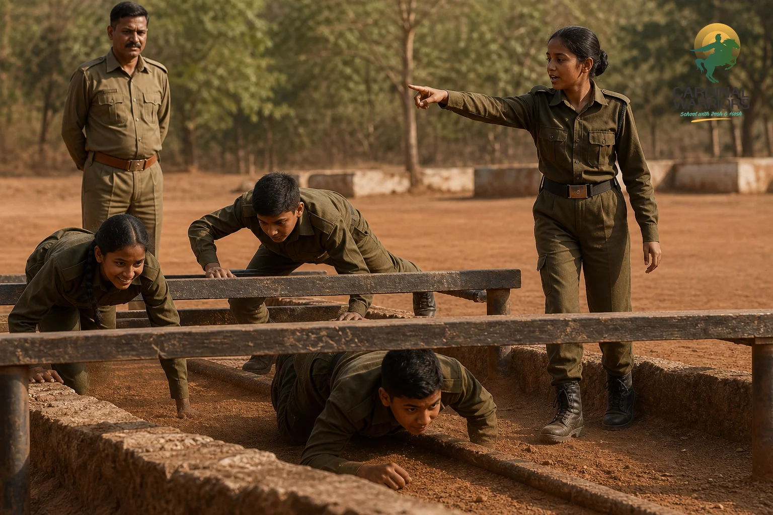 Cadets taking part in a structured outdoor leadership exercise on a school campus in Chhattisgarh. Photorealistic photograph of a small group of Indian school cadets aged 10-14 in olive-brown military-style school uniforms, working together