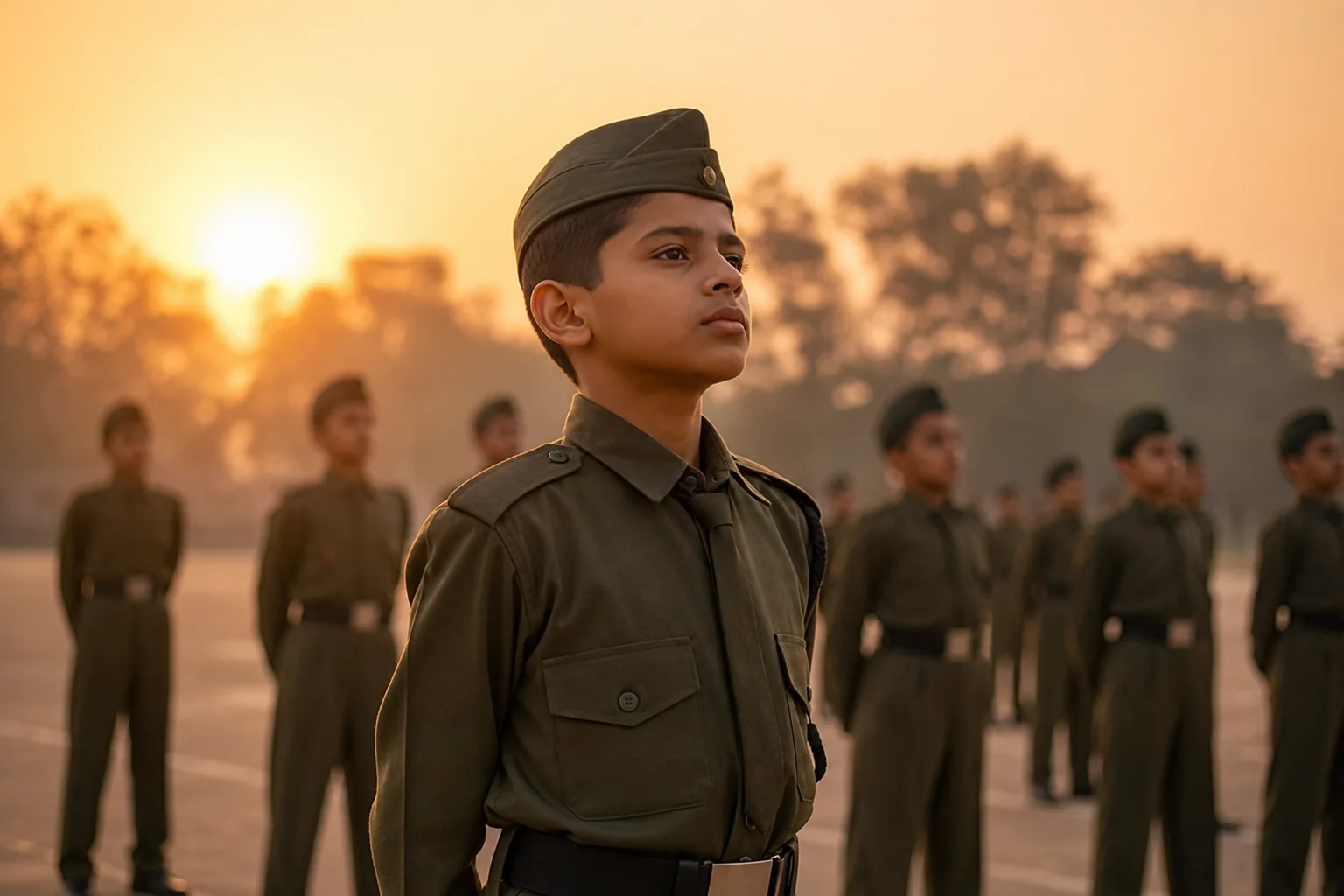 A young cadet in uniform standing tall and confident on a school parade ground at sunrise, symbolizing character growth. Photorealistic photograph of a young Indian boy cadet, around 12 years old, in a crisp olive-green military school