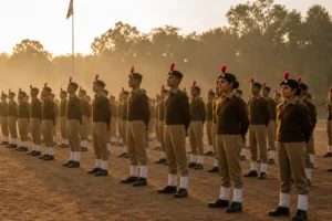 Cadets in structured morning formation on a school parade ground, representing discipline and routine