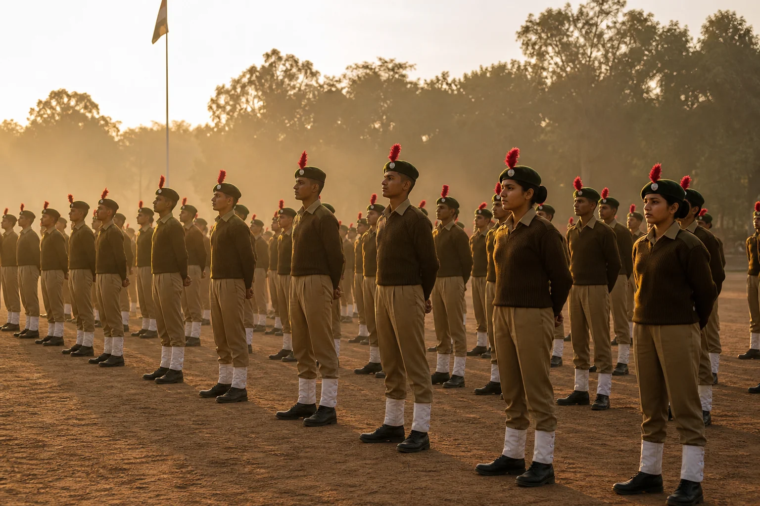 Cadets in structured morning formation on a school parade ground, representing discipline and routine