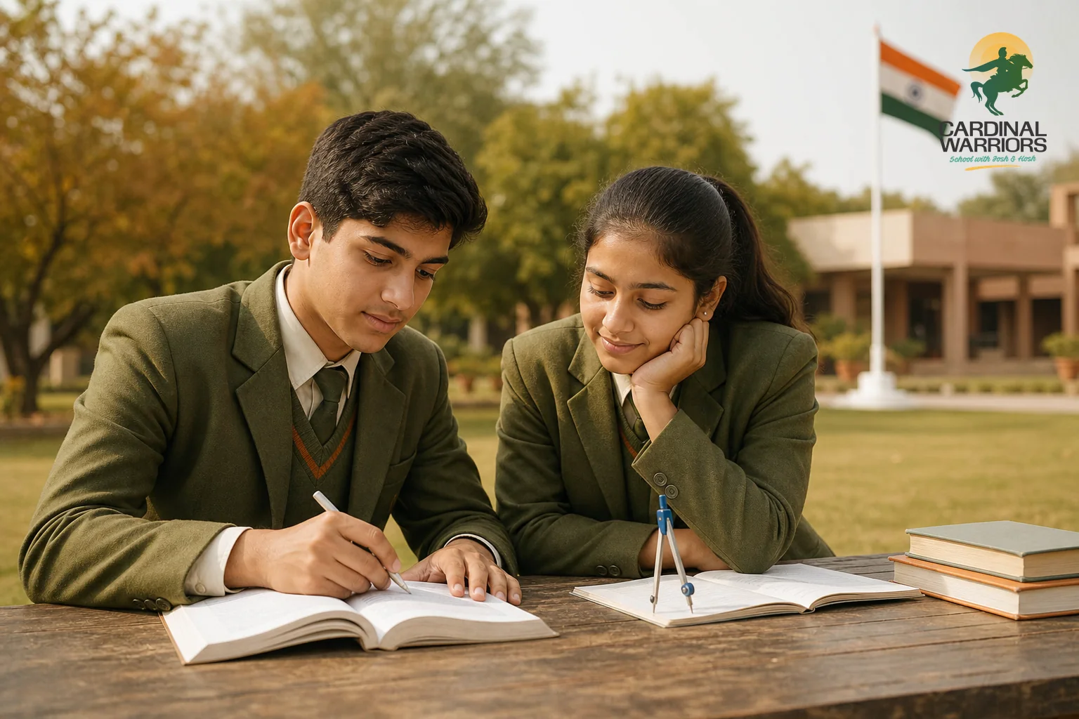 Photorealistic photograph, warm natural daylight, a teenage boy and girl in olive-toned school uniform sitting together at an outdoor study table on a green campus lawn, textbooks and a geometry compass visible, a flagpole with the Indian