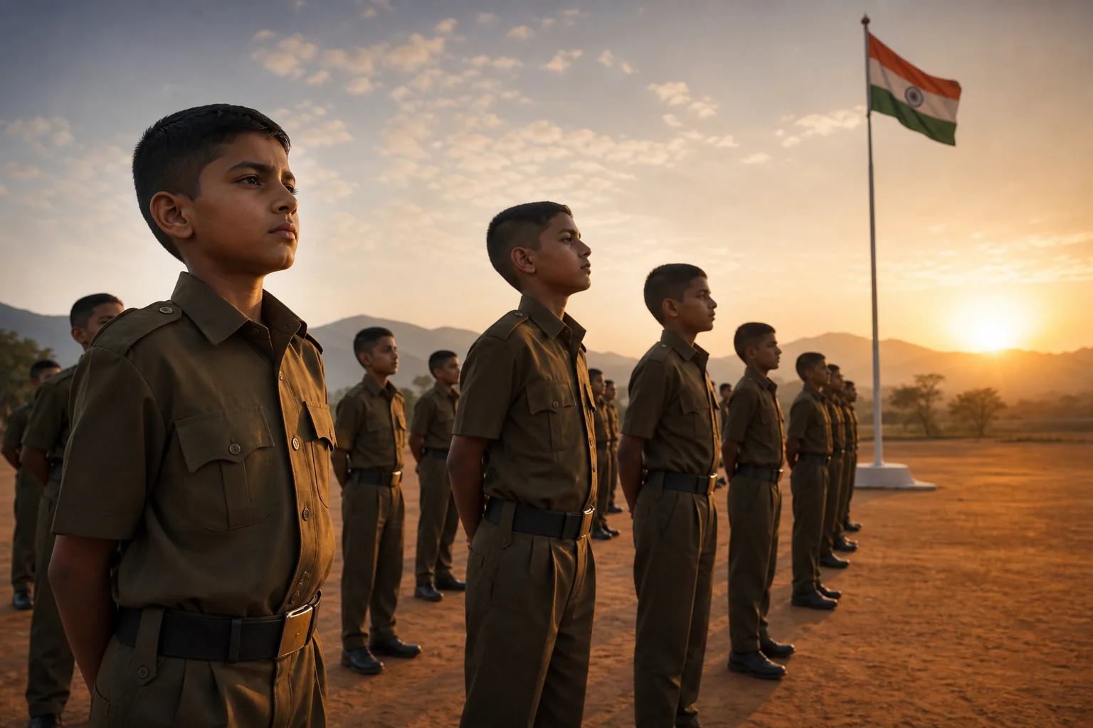 Wide shot contrasting a disciplined military school campus scene with cadets in formation against a warm Chhattisgarh morning sky