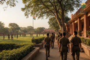 photorealistic wide-angle photo of an Indian residential military school campus at golden morning light, cadets in olive-toned uniforms visible in the background performing physical training drills on a green field while other students walk