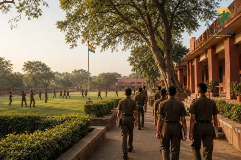 photorealistic wide-angle photo of an Indian residential military school campus at golden morning light, cadets in olive-toned uniforms visible in the background performing physical training drills on a green field while other students walk
