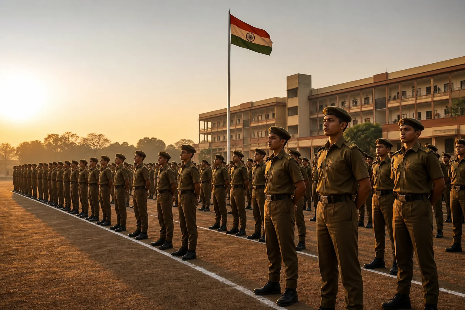 Wide shot of cadets in a disciplined boarding school military training campus in India, combining academics and drill