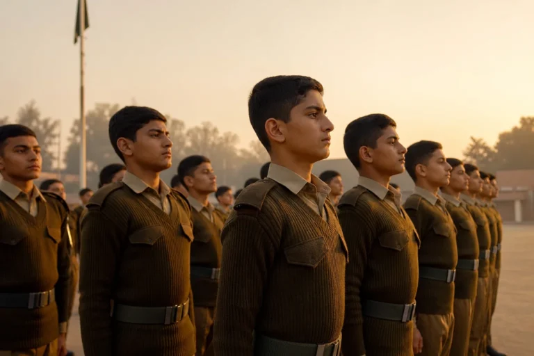 Wide shot of disciplined cadets in formation on a boarding school campus at sunrise, symbolizing structure and order. Photorealistic wide-angle photograph of a row of school-age cadets in olive-brown uniforms standing at attention in neat