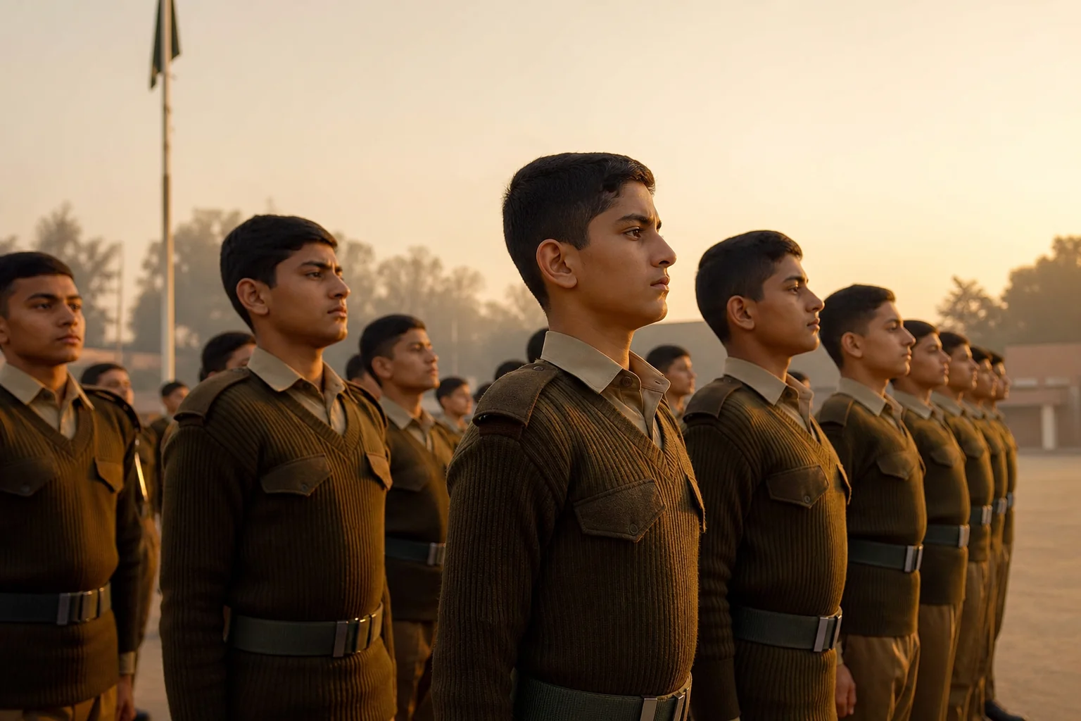 Wide shot of disciplined cadets in formation on a boarding school campus at sunrise, symbolizing structure and order. Photorealistic wide-angle photograph of a row of school-age cadets in olive-brown uniforms standing at attention in neat