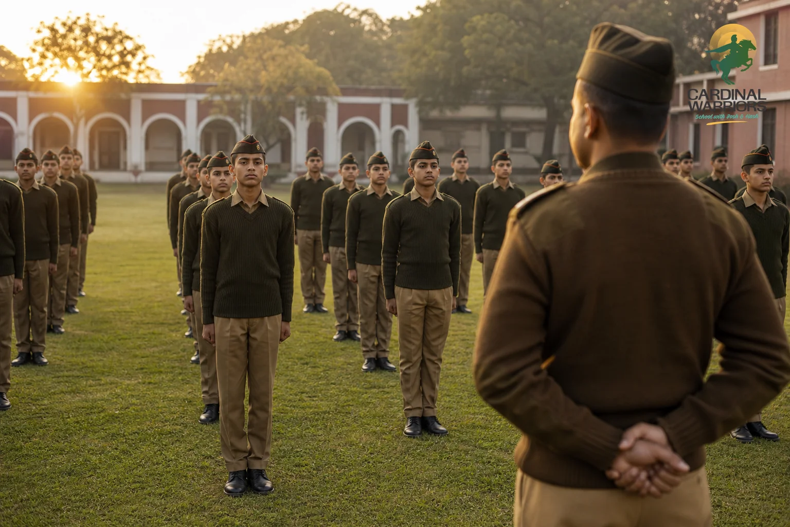 photorealistic wide shot of a residential military-style school campus at early morning in India, uniformed young cadets in olive-toned uniforms standing in an orderly formation on a green lawn under soft golden sunrise light, a supervising