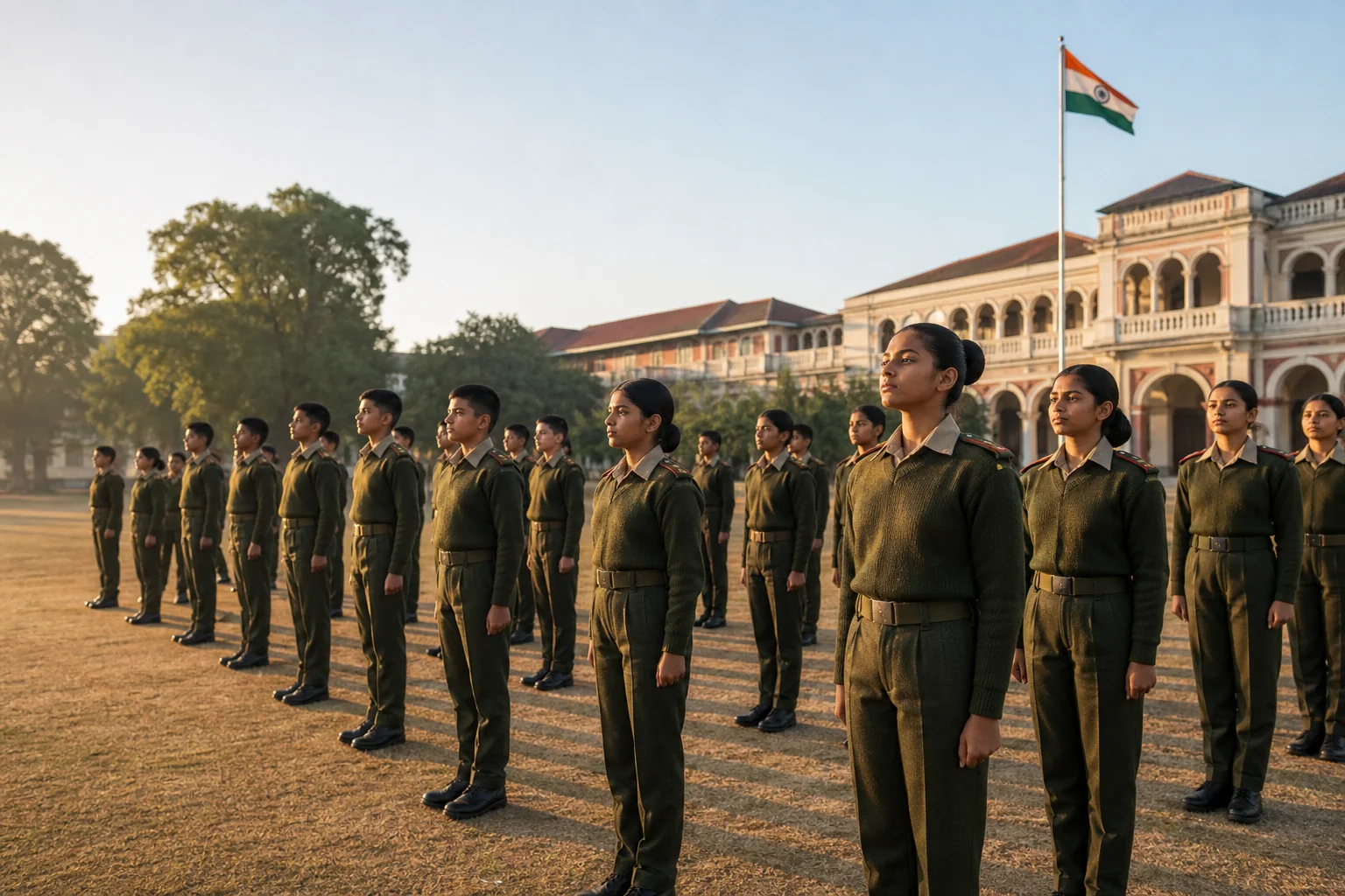 Wide shot of young cadets in uniform standing in formation on a school parade ground in India, morning light, national flag visible