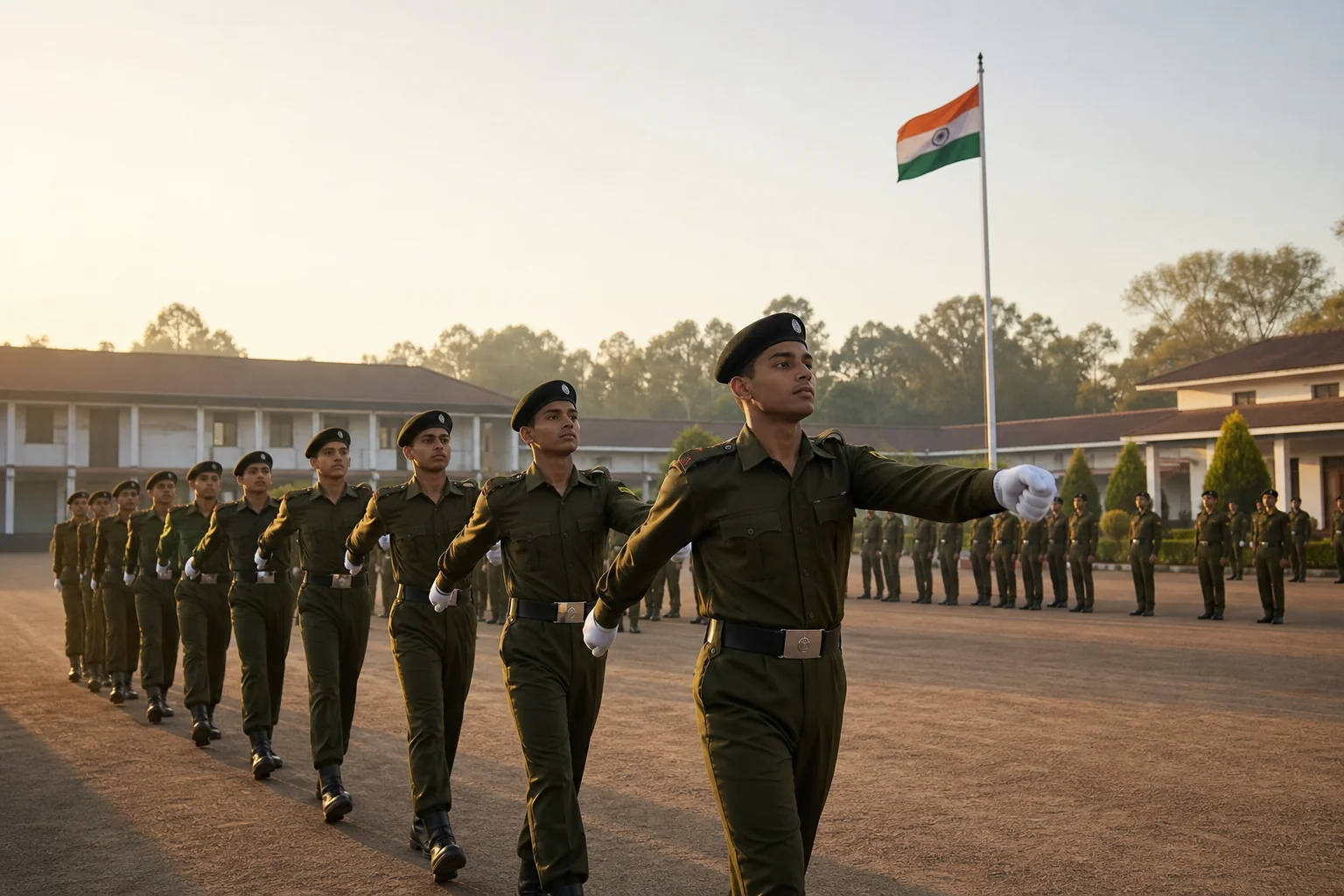 Cadets in uniform marching in formation on a boarding school parade ground in Chhattisgarh at sunrise