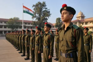 Cadets in disciplined formation on a school parade ground in Chhattisgarh, blending academic and military life