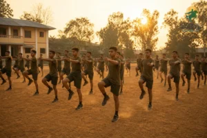 Teenage cadets in olive uniform doing morning physical training on a boarding school ground, no phones visible, sunrise light. photorealistic: A wide shot of teenage cadets in olive-toned uniforms performing morning physical training drills