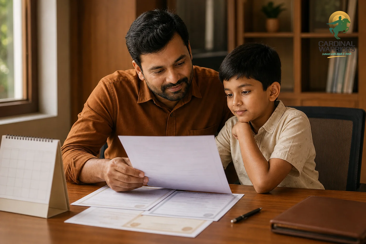 Parent and child reviewing admission documents together at a school desk, symbolizing quota and eligibility planning. Photorealistic photo: a father and his young son sitting together at a wooden desk indoors in a school office, reviewing