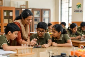 Young class 6 students in a science classroom exploring concepts with a teacher, warm earthy tones. Photorealistic photo of a bright school science classroom in India with a group of class 6 students, aged around 11, seated at desks doing a