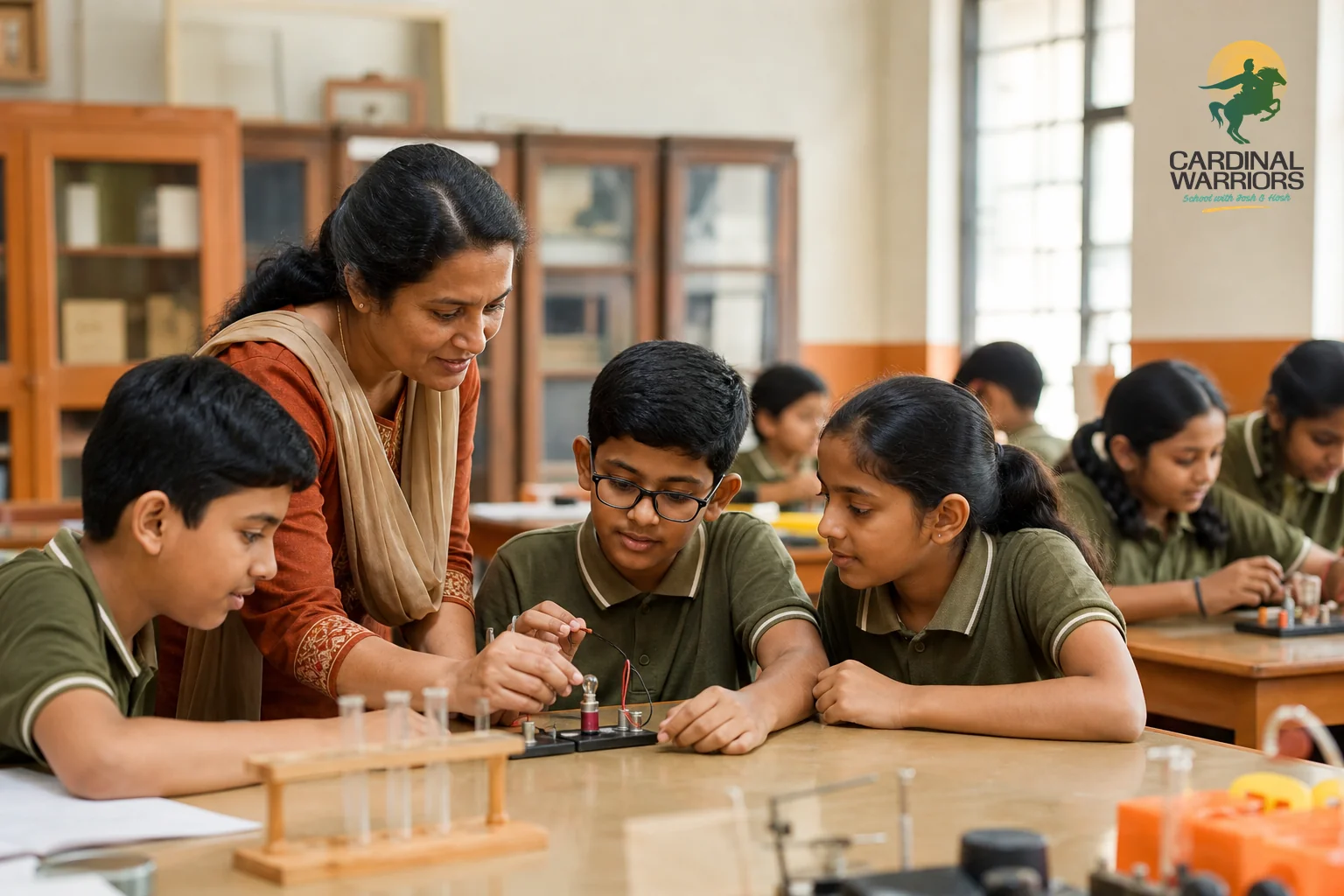 Young class 6 students in a science classroom exploring concepts with a teacher, warm earthy tones. Photorealistic photo of a bright school science classroom in India with a group of class 6 students, aged around 11, seated at desks doing a