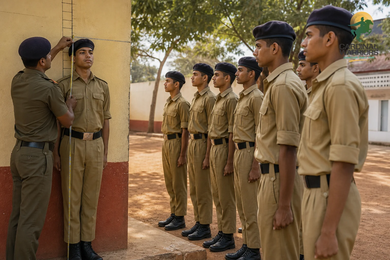 photorealistic photo of a group of Indian teenage cadets in olive uniform lined up outdoors on a school parade ground in Chhattisgarh, one cadet being measured by an instructor with a measuring tape near a wall height chart, warm earthy