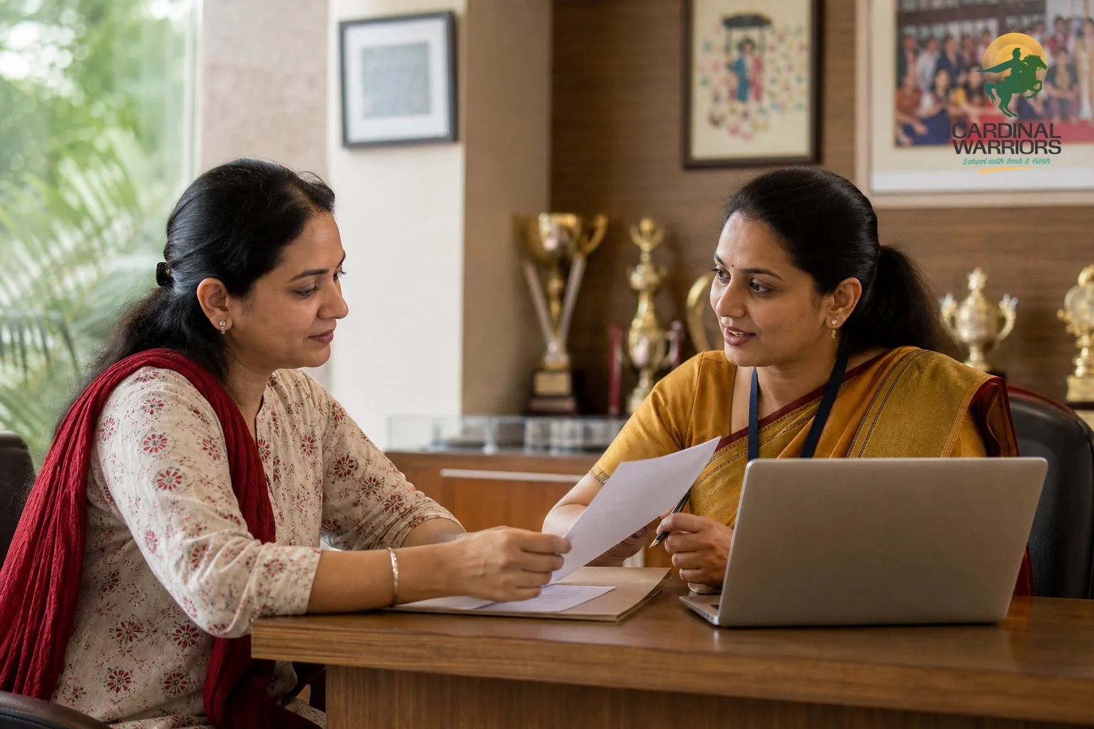 A parent checking a school's official documents and affiliation details at the admissions desk. photorealistic photo of a parent seated at a school reception desk in India reviewing printed documents and a laptop screen with a staff member