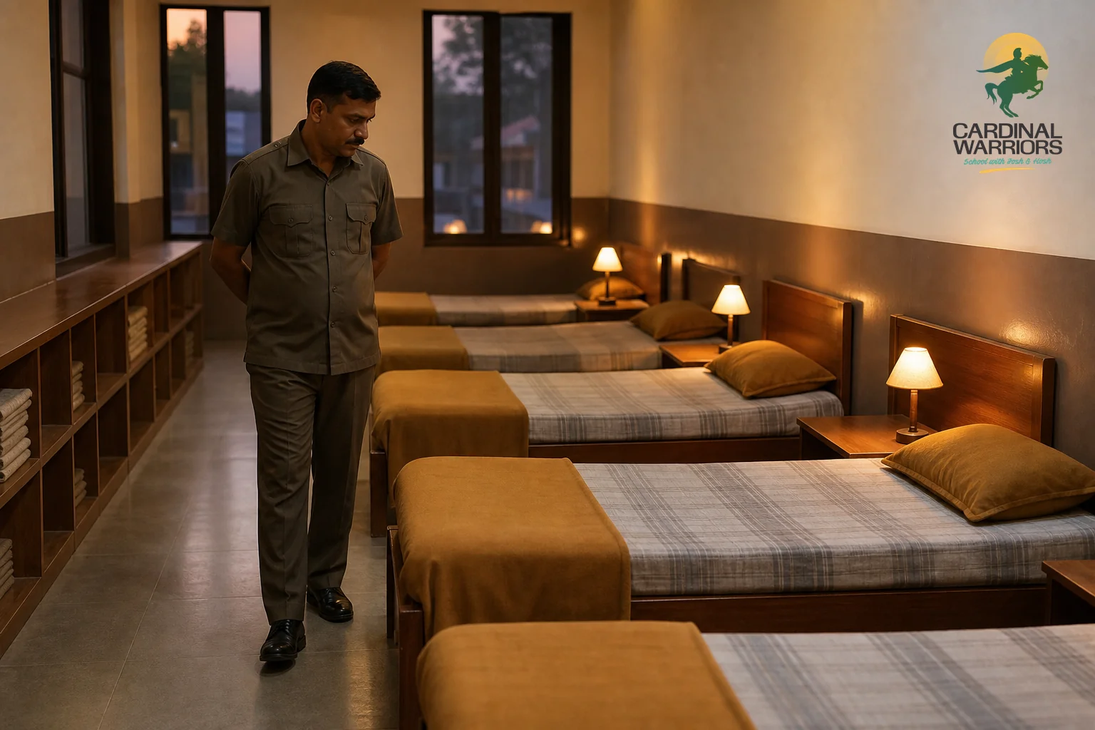 Warm evening hostel corridor scene showing supervision and care. photorealistic photo of a residential school hostel corridor at dusk in India, a staff supervisor in olive-toned uniform checking on rows of neatly made beds in a boys