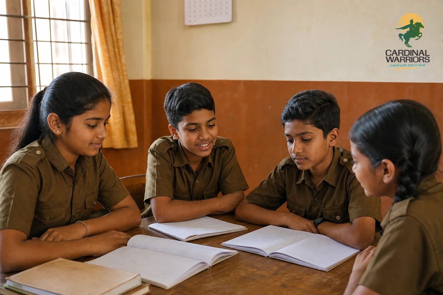 photorealistic photo of a small group of Indian school children aged 10-13 in olive-brown military-style school uniforms sitting around a wooden study table indoors, open notebooks and a wall calendar visible in the background, warm natural