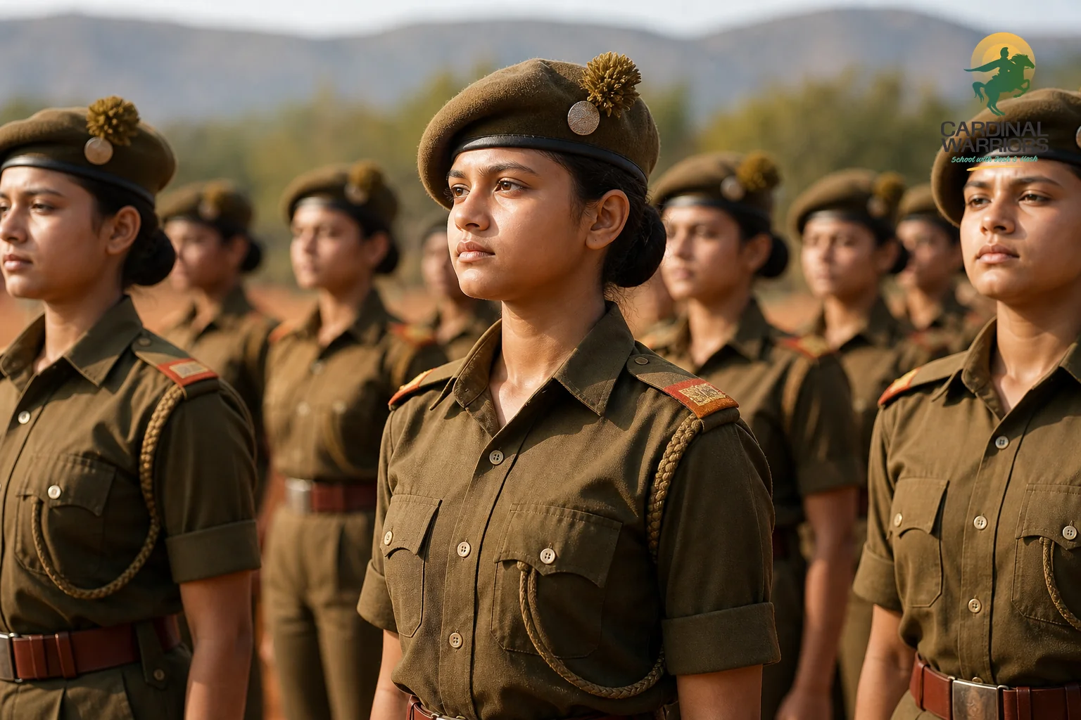A young girl cadet in olive uniform standing confidently in formation among other cadets at a military school campus. Photorealistic photo of a teenage girl cadet in olive-green military school uniform standing at attention in a disciplined