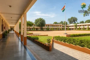 photorealistic photo of a well-maintained Indian residential school campus exterior with a parade ground, a flagpole with the Indian flag, neat lawns bordered by low ochre-brown painted walls (#794518, #d9782c), a covered walkway leading to