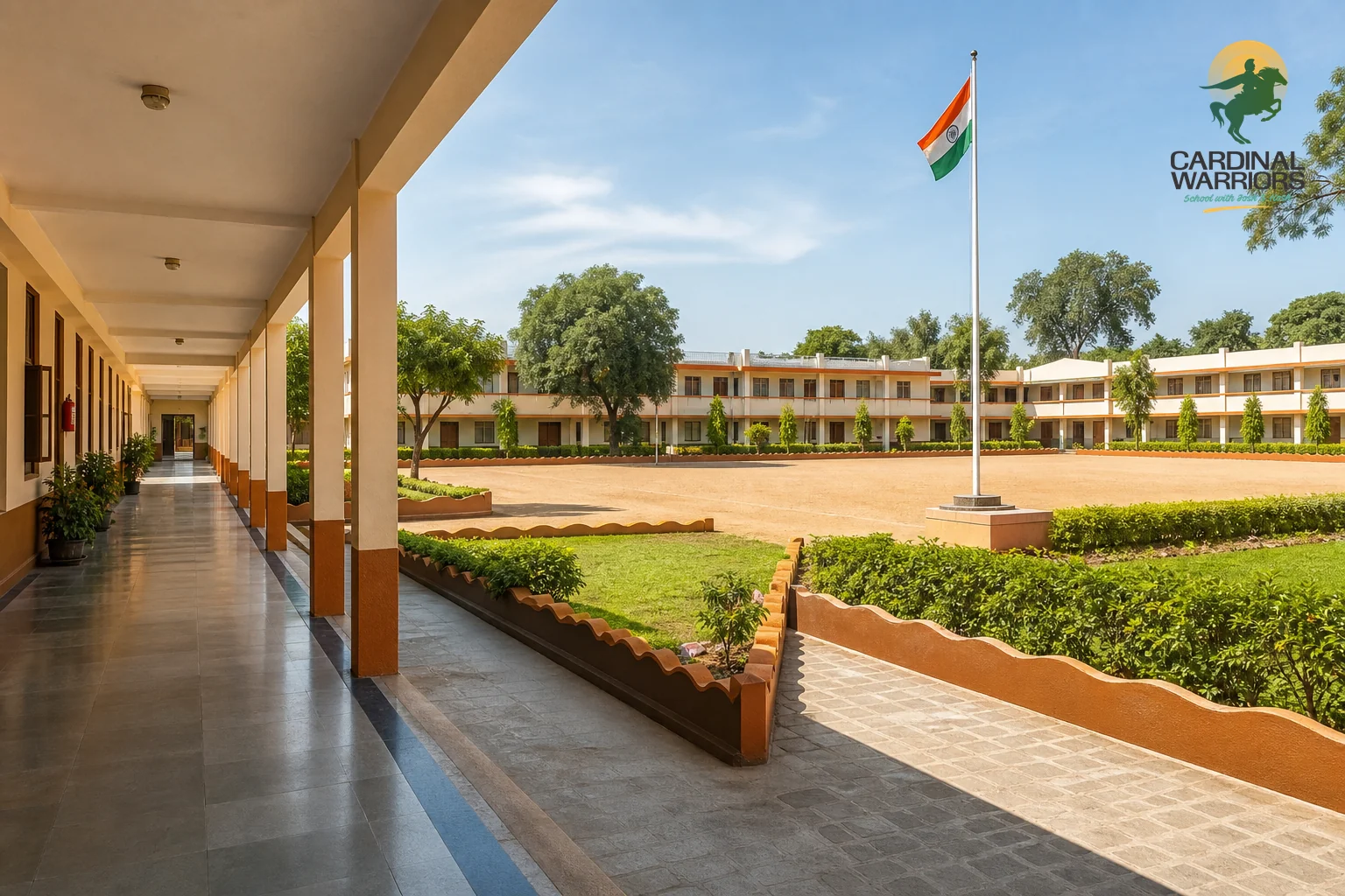 photorealistic photo of a well-maintained Indian residential school campus exterior with a parade ground, a flagpole with the Indian flag, neat lawns bordered by low ochre-brown painted walls (#794518, #d9782c), a covered walkway leading to