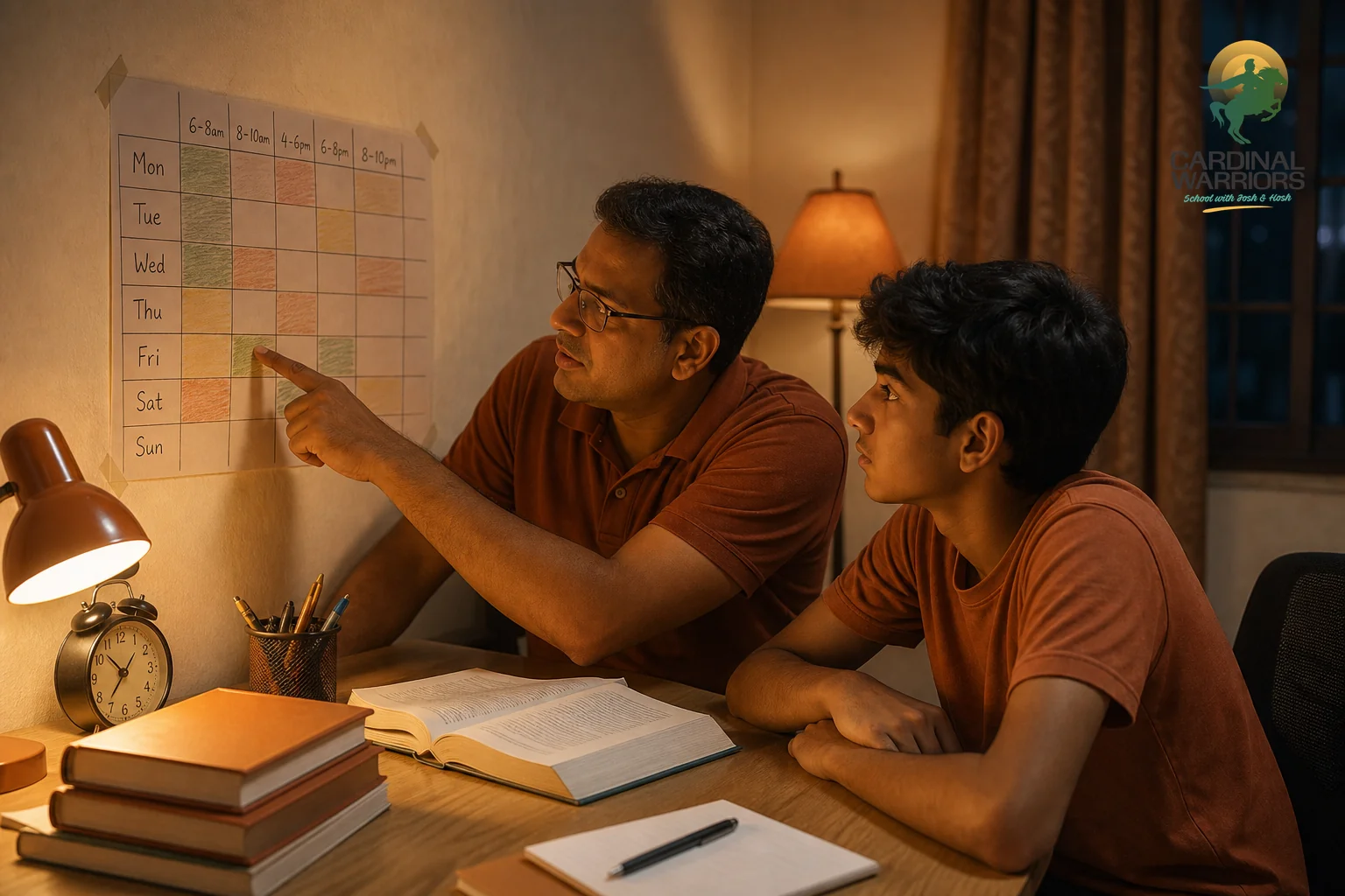 A parent and child reviewing a study timetable chart at home in the evening. Photorealistic photo of an Indian father and his teenage son sitting at a home study table in the evening, reviewing a handwritten weekly timetable chart taped to