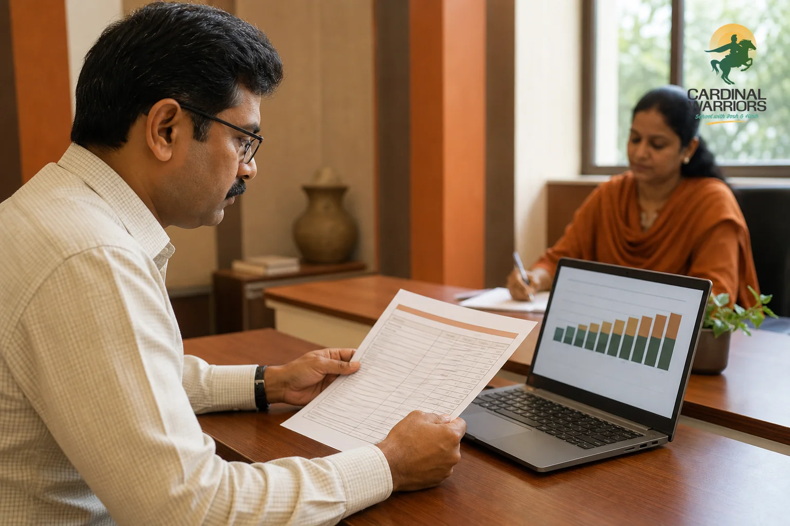 Parent reviewing school fee documents and a laptop showing instalment schedule at a school admission desk in Raipur. photorealistic photo of an Indian parent sitting at a school admissions office desk in Raipur, Chhattisgarh, reviewing a