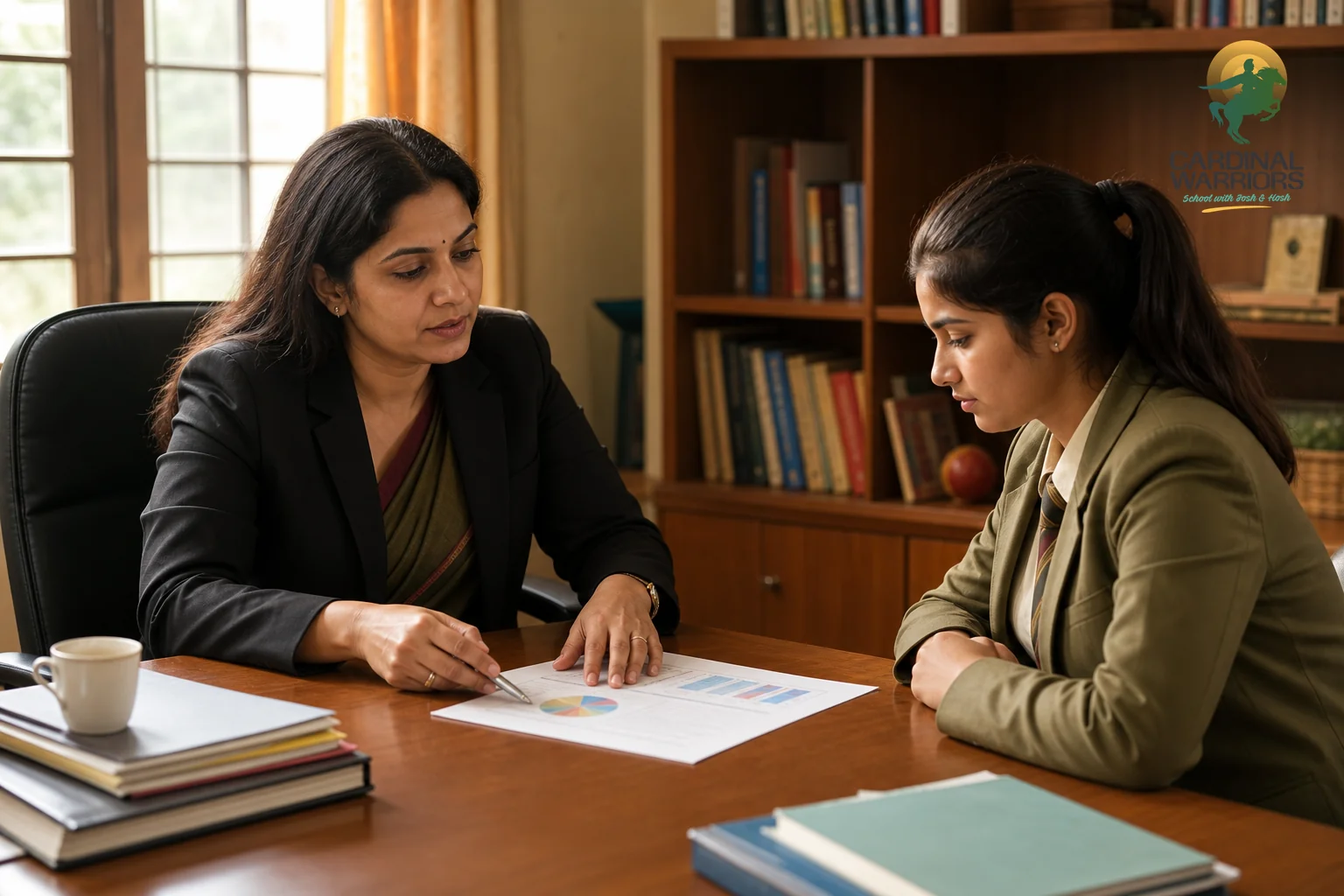 A school counselor reviewing psychometric assessment results with a student in a private military school setting. Photorealistic photo of an Indian school counselor in formal attire sitting across a desk from a teenage student in an