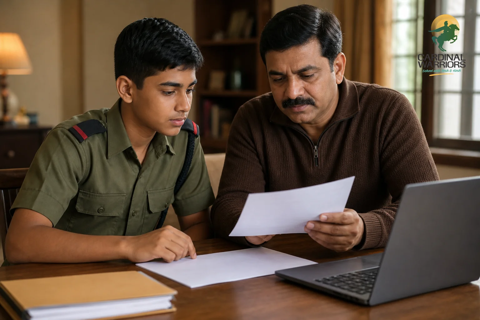 A disciplined teenage cadet in uniform reviewing eligibility documents with a parent at a school desk. photorealistic photo of an Indian teenage boy in an olive-green cadet uniform sitting at a wooden desk with his father, both reviewing